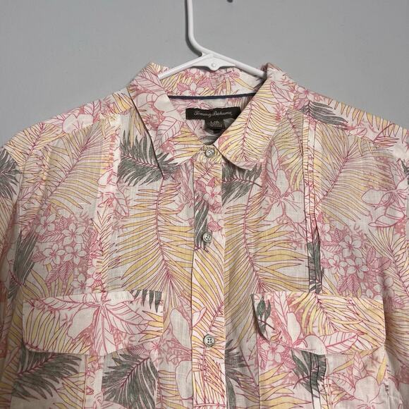 Tommy Bahama Women's L Linen Button Up Shirt Roll Tab Coral Pink Floral Vacation - Picture 3 of 14